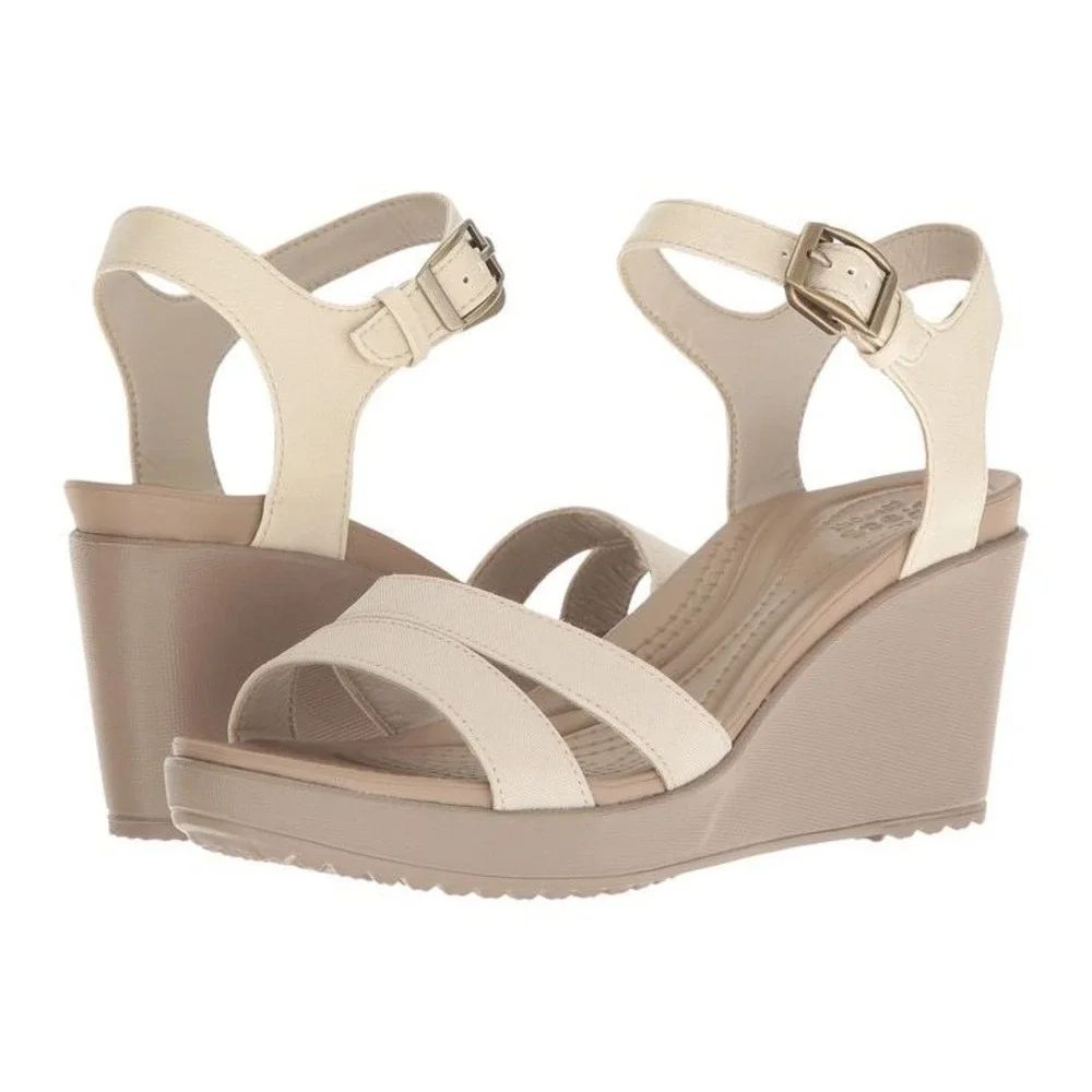 Crocs Leigh II Ankle Strap Wedge Sandals Oatmeal Mushroom Tan Leather Canvas 8